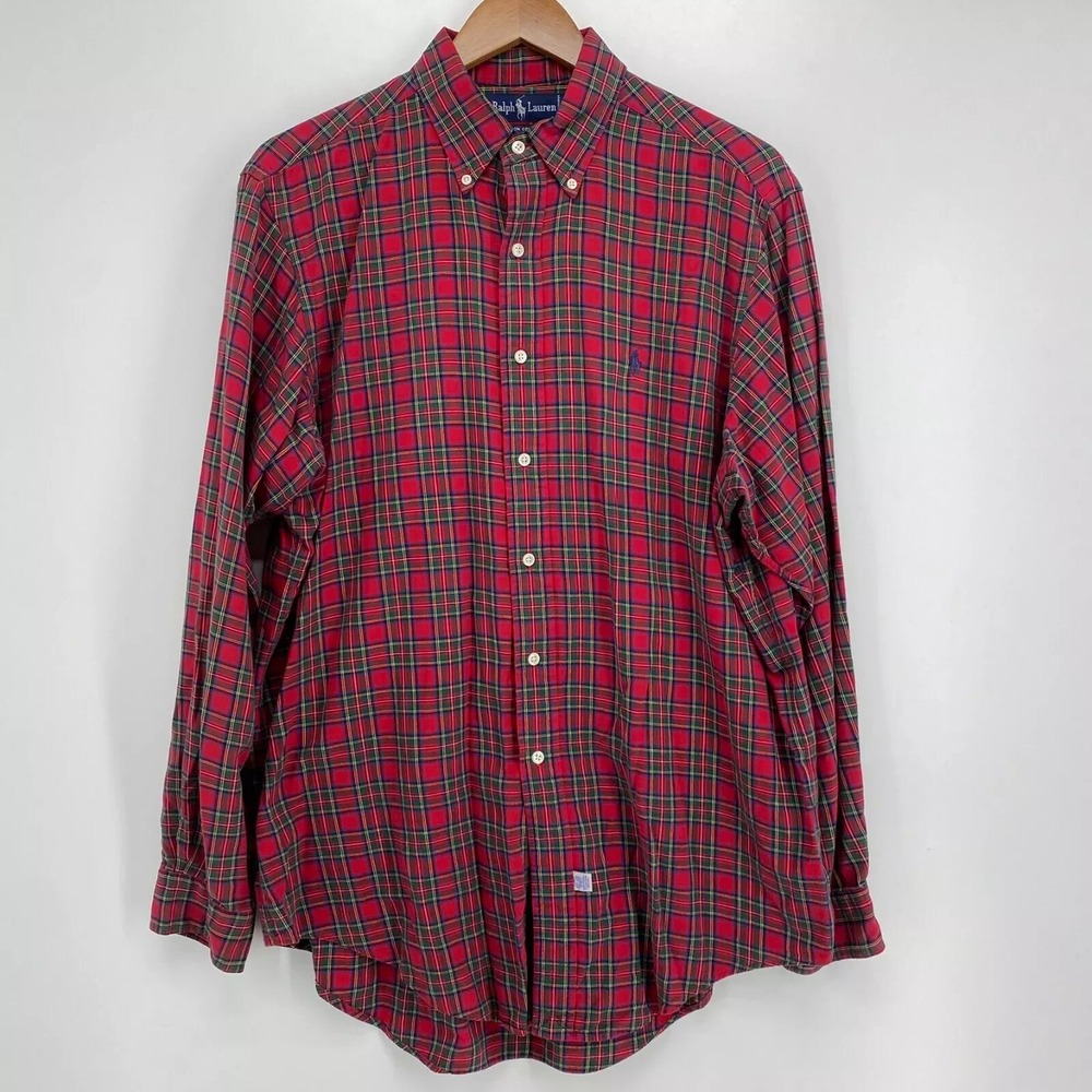 Polo Ralph Lauren Long Sleeve Button Shirt Men's‎ Size L Red Plaid Cotton Pony